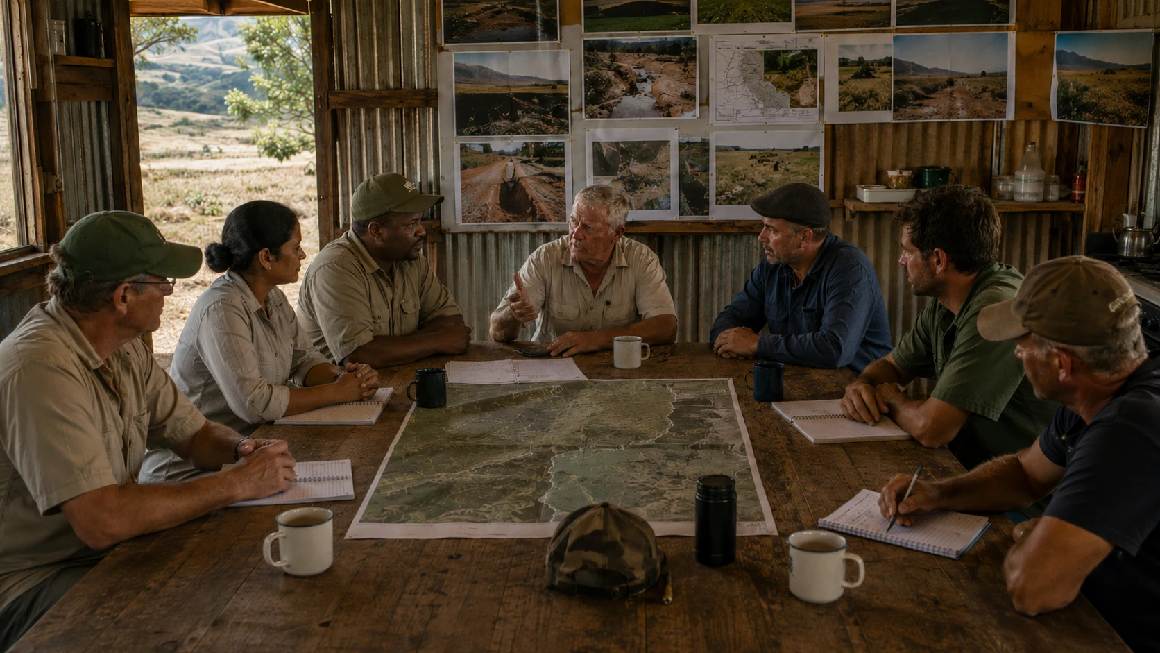 Eco Guild farmers meeting around a district map with field photographs displayed on the shed wall.