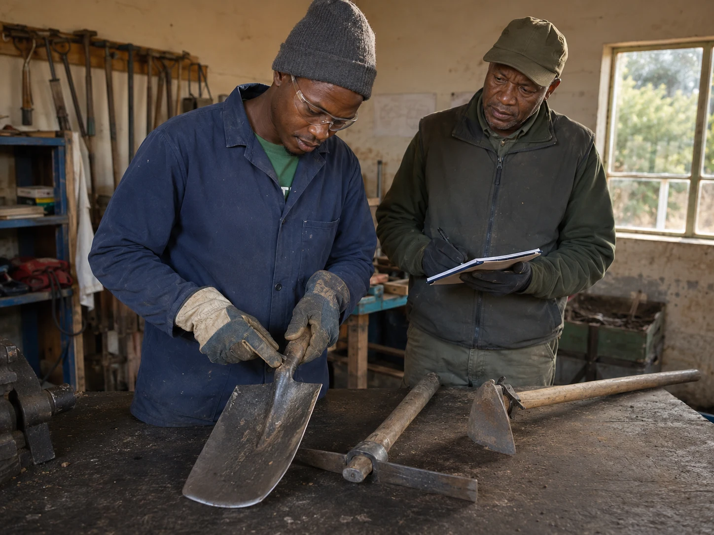 A Keeper demonstrates safe work on a field tool while an assessor records the practical assessment.