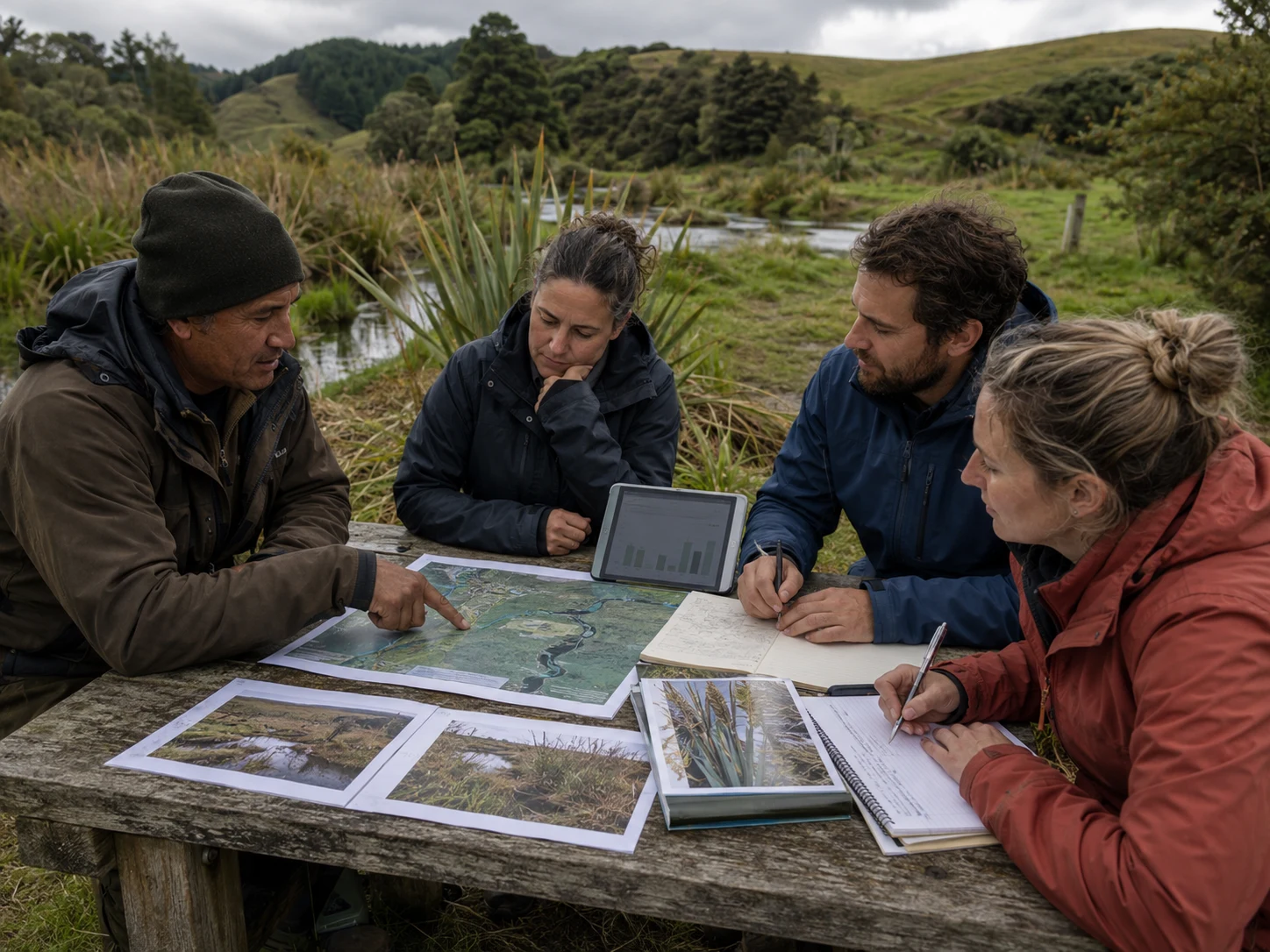 A land steward, researcher and two adult learners in New Zealand review a map, a tablet chart and field photographs together at an outdoor table.