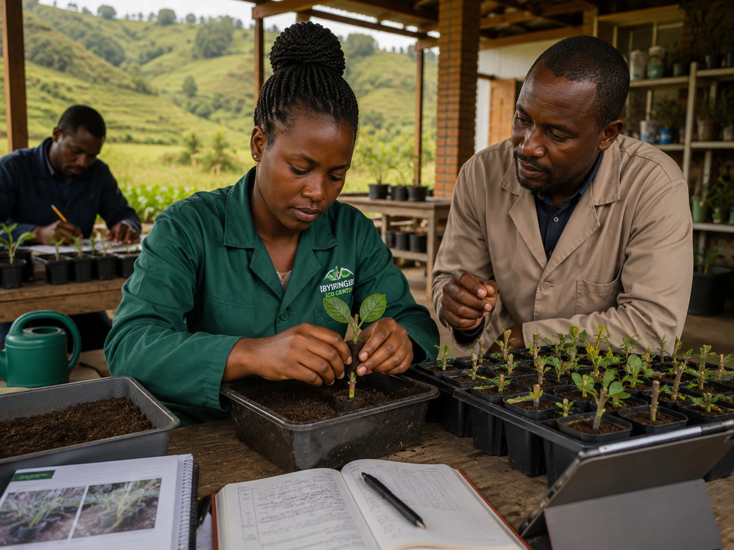 A learner in Rwanda pots a seedling cutting while an educator leans in to guide her hands.