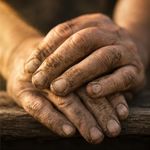 The weathered, soil-worn hands of a field worker at rest