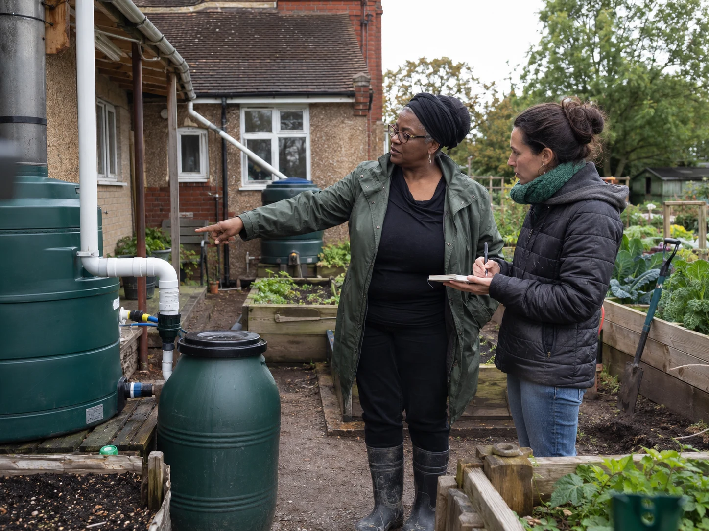 A community leader discusses a centre-defined water project with a skilled contributor beside the community garden.