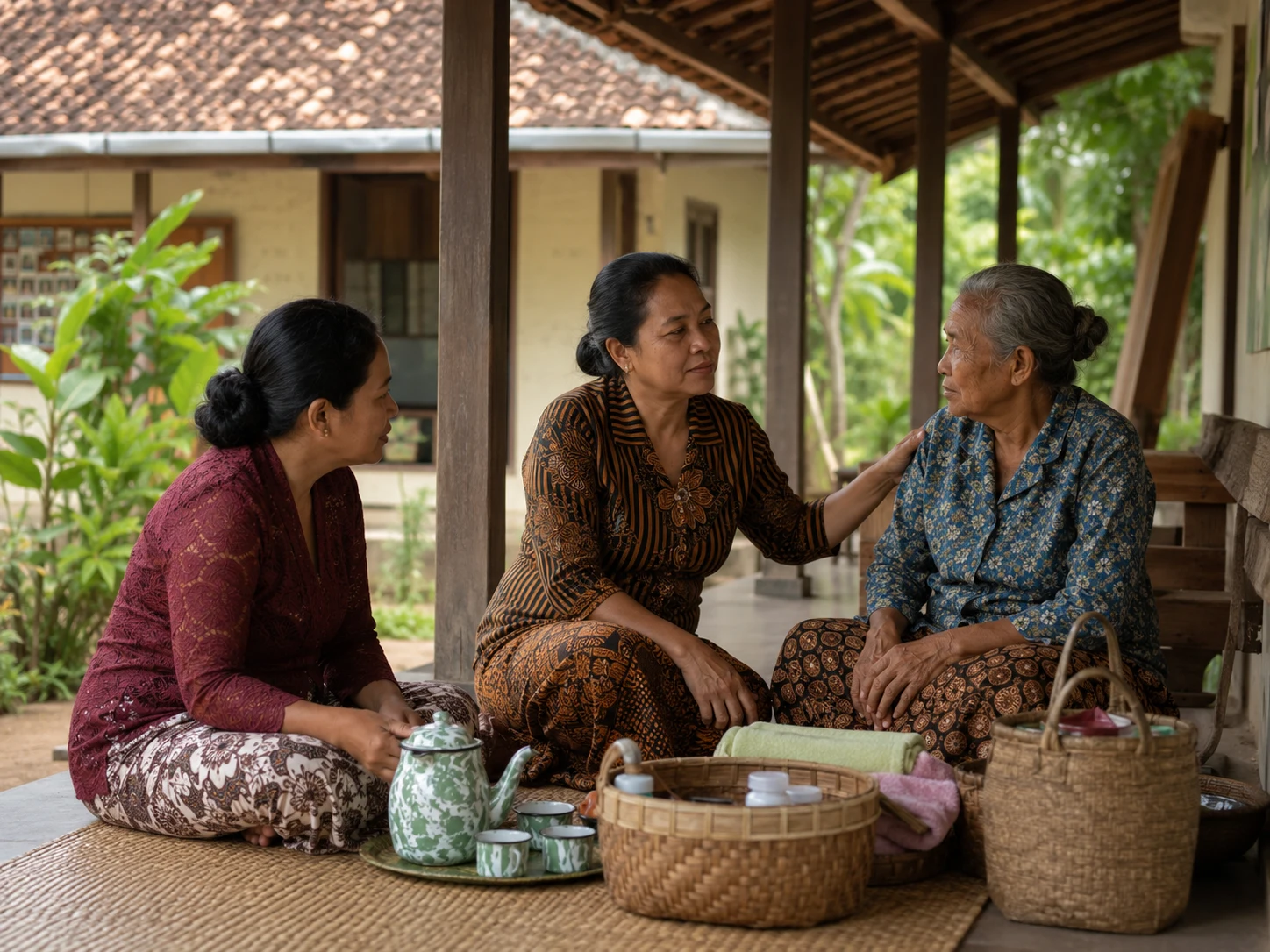 Three Javanese women share a calm care conversation on a shaded community-centre veranda.