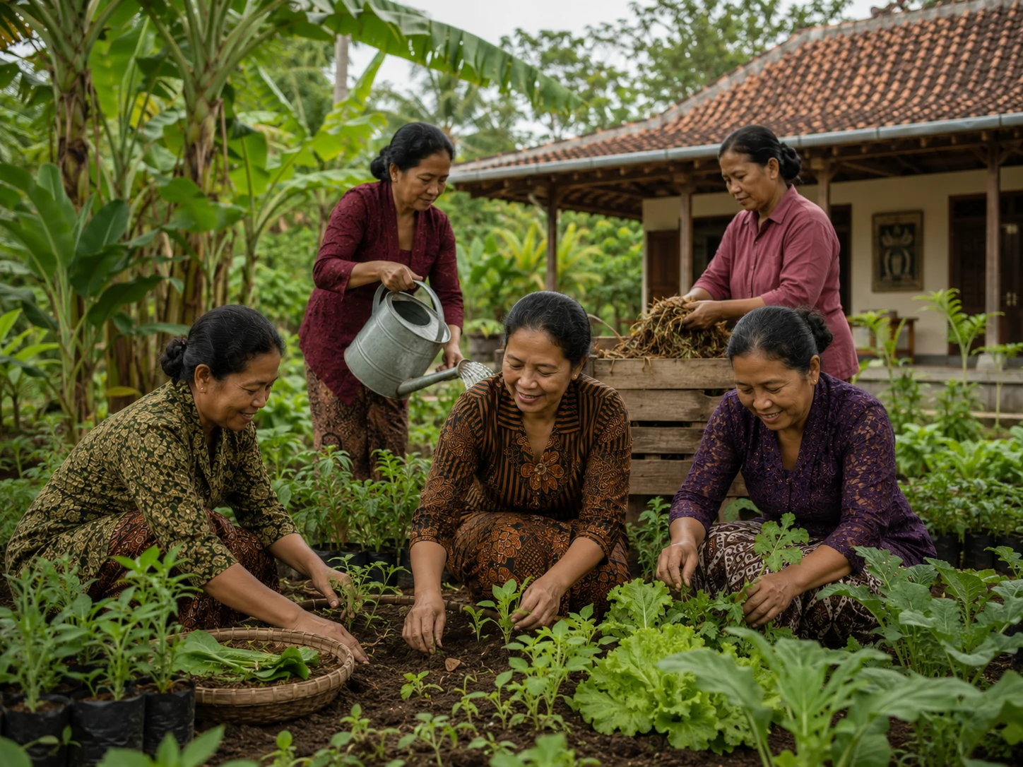 Adult Javanese women plant, water and tend vegetables in the community-centre garden.