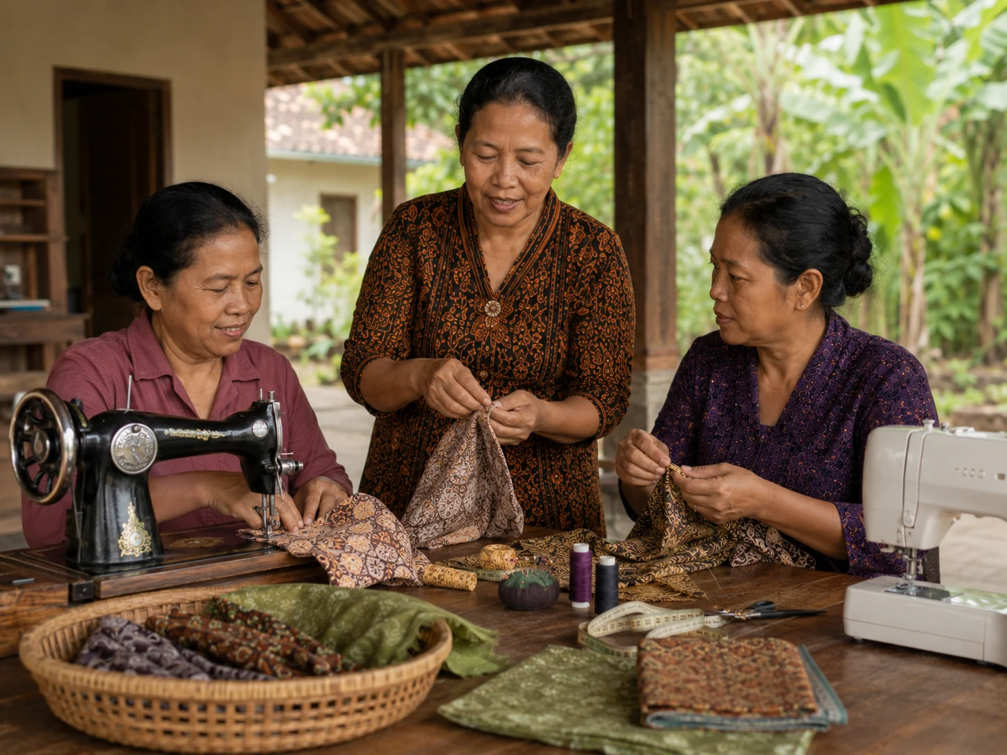Three Javanese women share sewing and garment-making skills around a worktable.