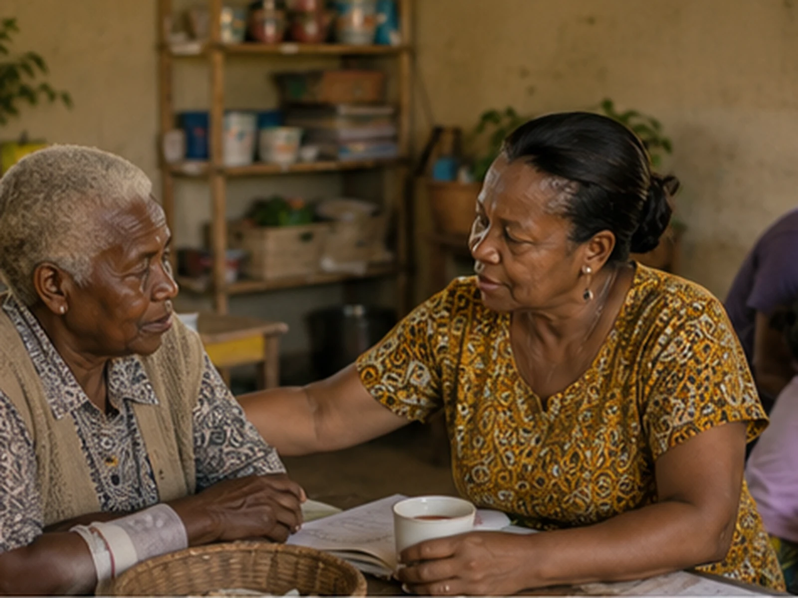 A Mama comforts an older woman at a centre table, with a young family in the background