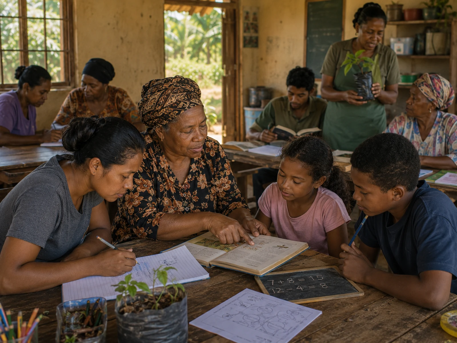 A Mama helps a family with schoolwork at a MamaDEX centre classroom, with more learners around
