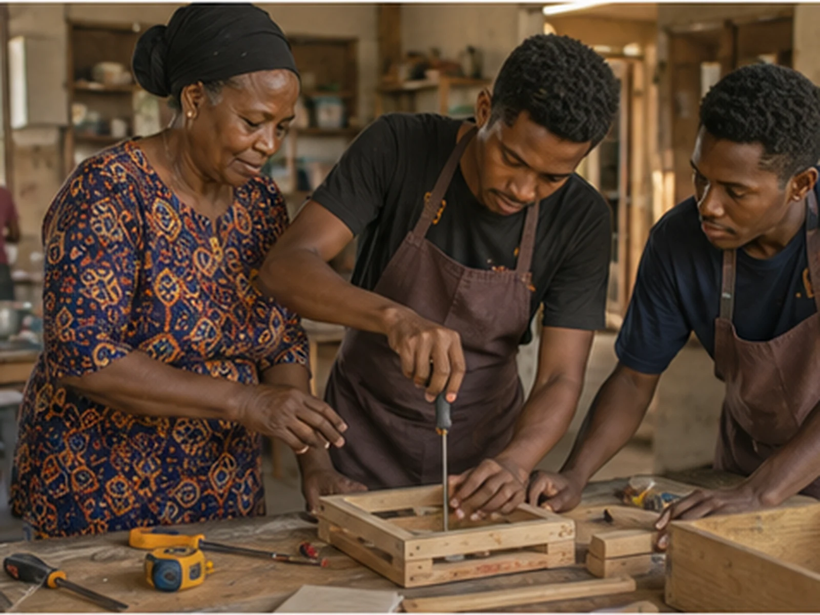 A Mama teaches two young men woodworking at a MamaDEX centre workshop
