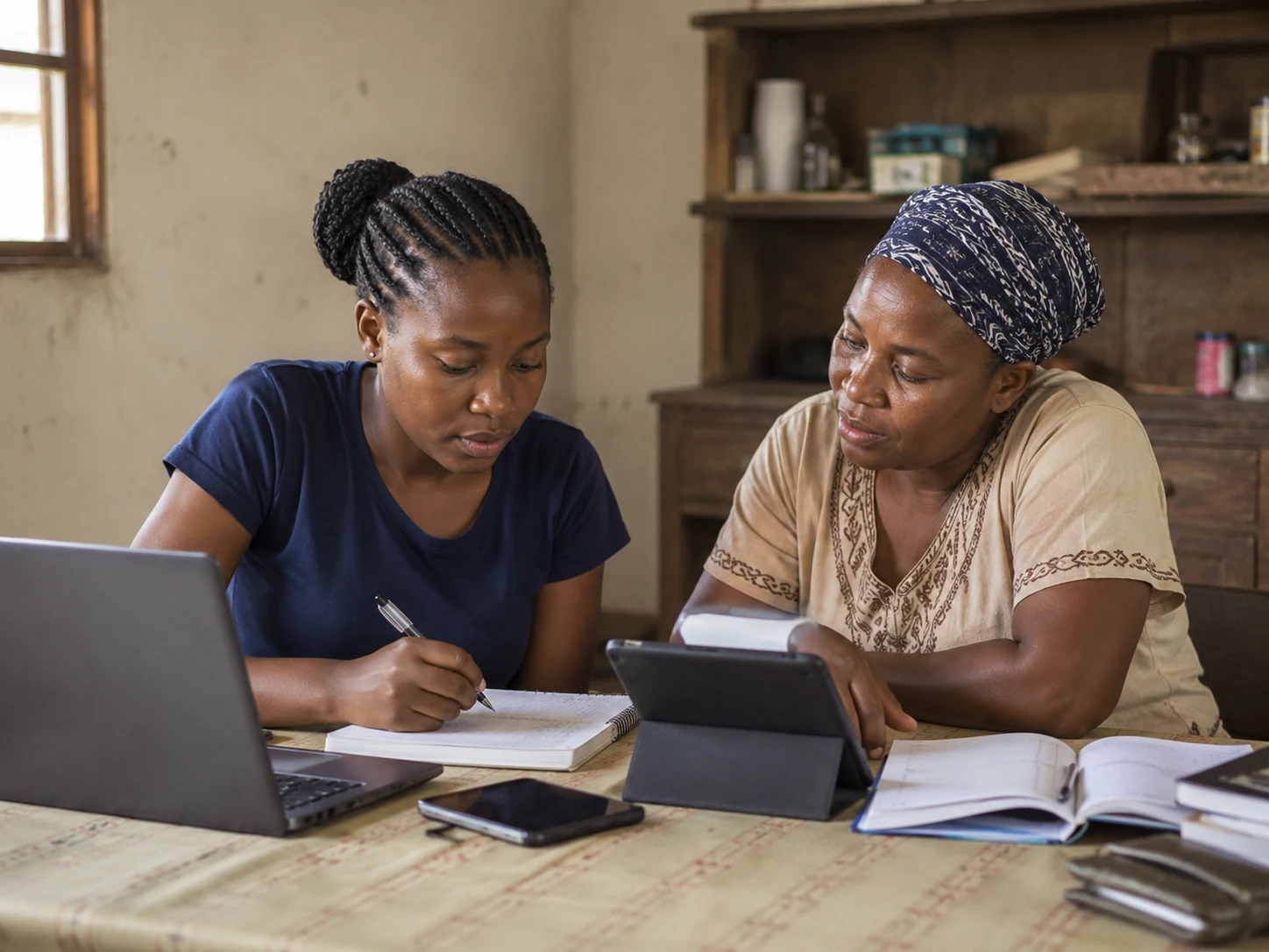 An adult learner working with a community educator