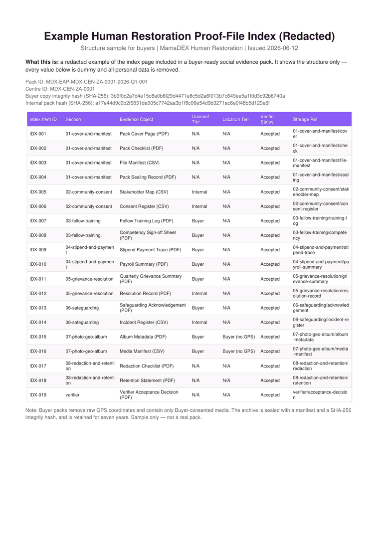 Preview of an illustrative Human Restoration Evidence Pack Index